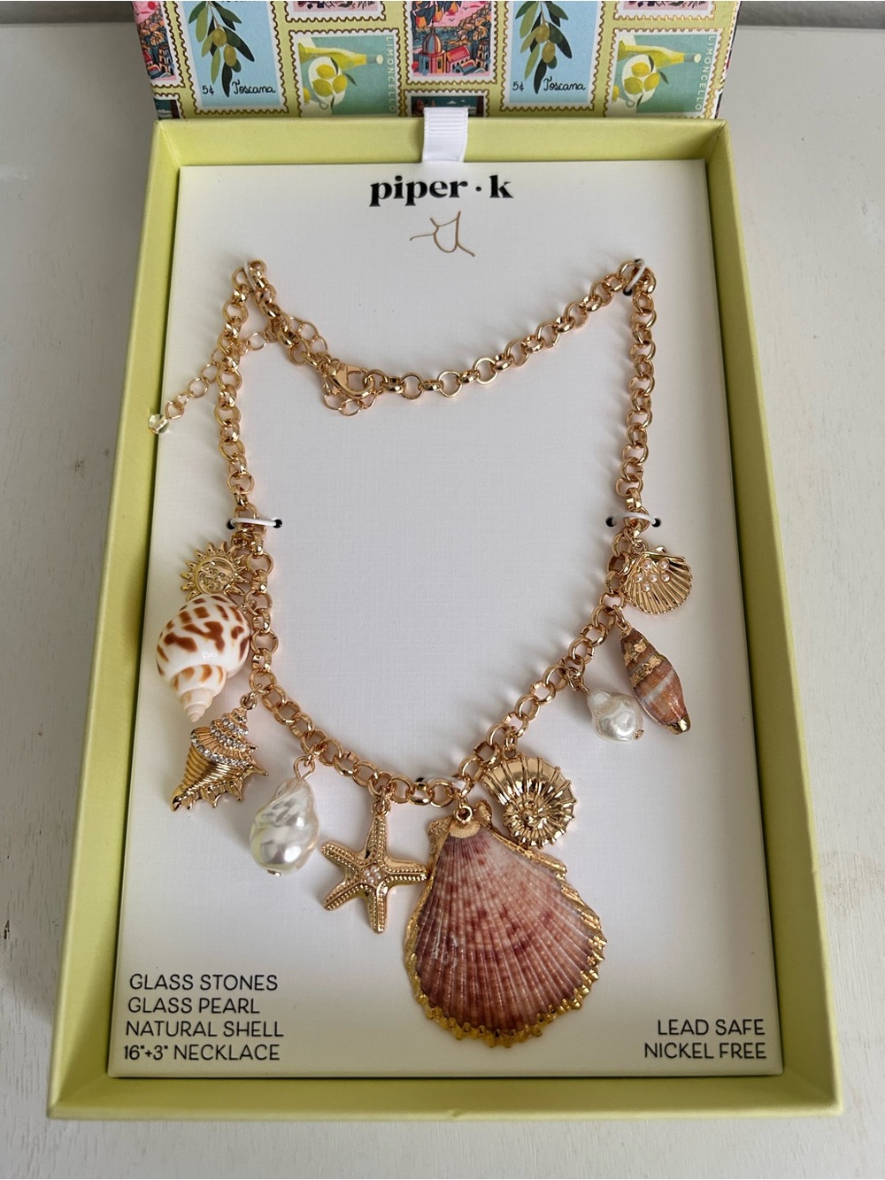 PIPER•K Glass Stones Glass Pearl charm Natural Shell 16”+3” Necklace NWT